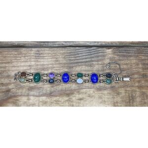 VTG 2 Strand Scarab Bracelet Gold Tone Multicolor‎ Egyptian Revival MCM 1960s